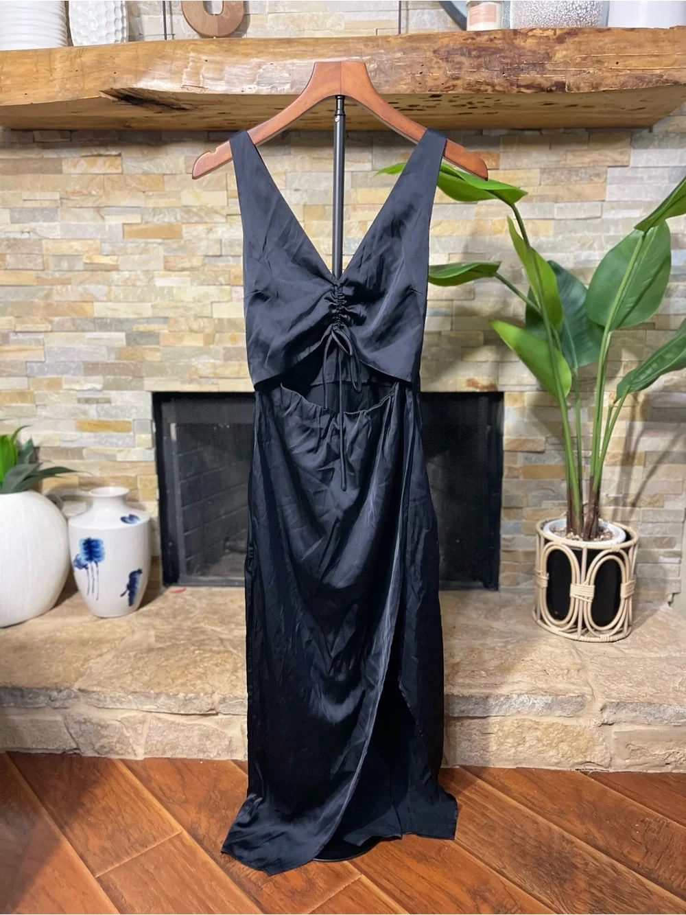 Abercrombie & Fitch Black Satin Cinch-Front Cutout Midi Dress Size XS